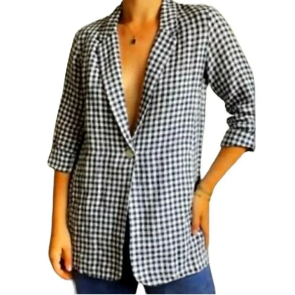 CYNTHIA ROWLEY WOMENS LINEN NAVY BLUE WHITE GINGHAM BLAZER JACKET LARGE